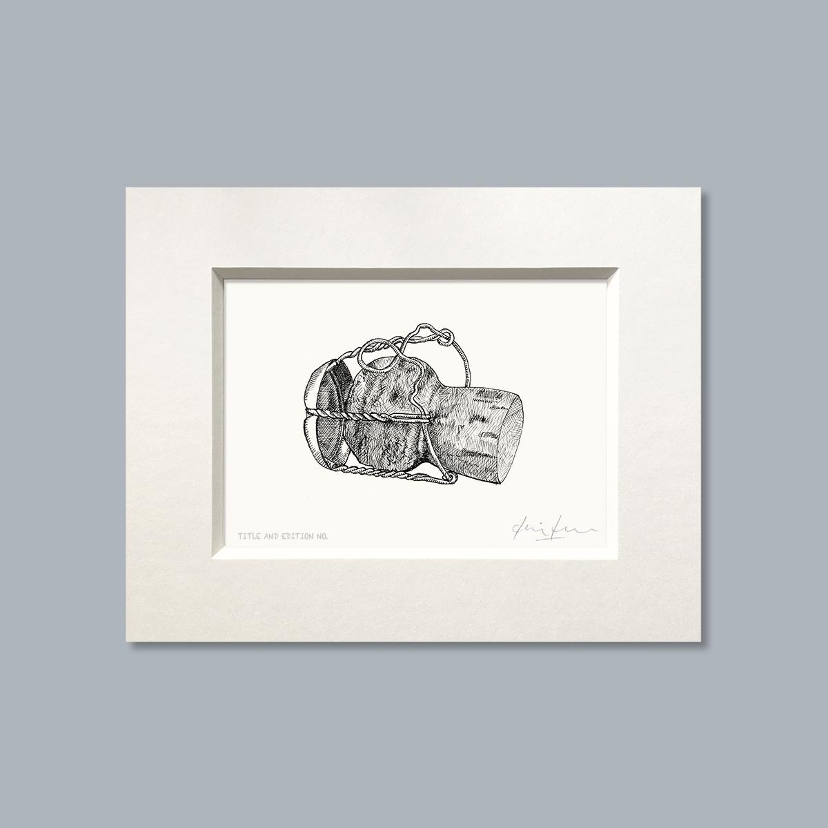 Limited edition print from pen and ink drawing of a champagne cork in a white mount
