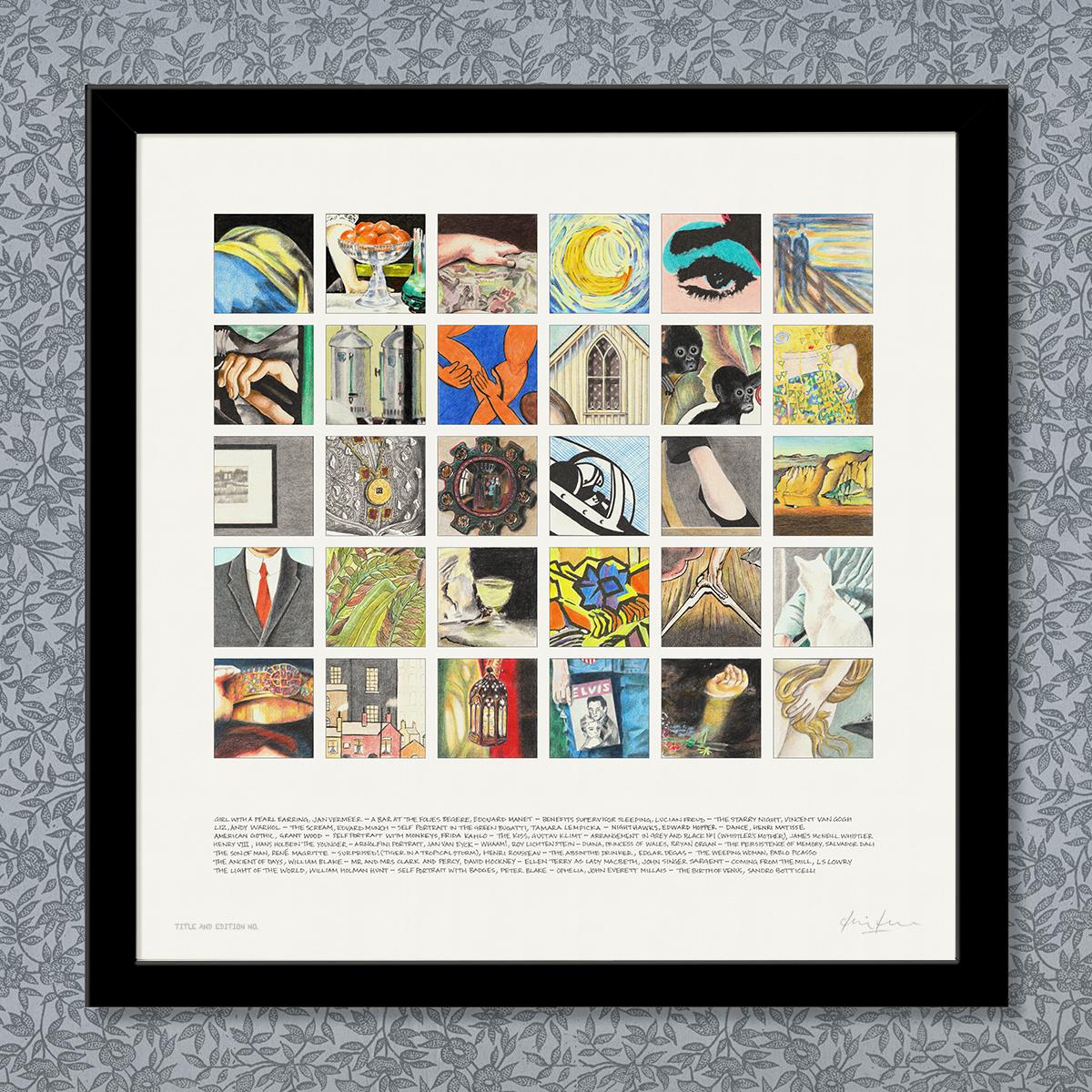 Limited edition print, a montage of drawn snippets from famous paintings, in a black frame.