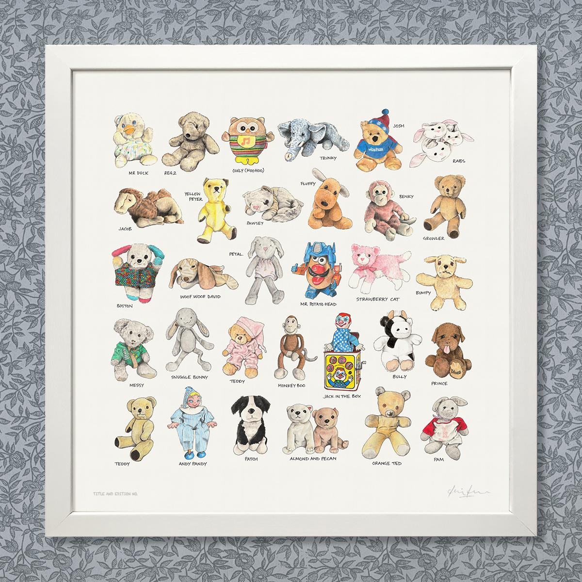 Limited edition montage print of sketches in pen, ink and coloured pencil of much loved toys, in a white frame.
