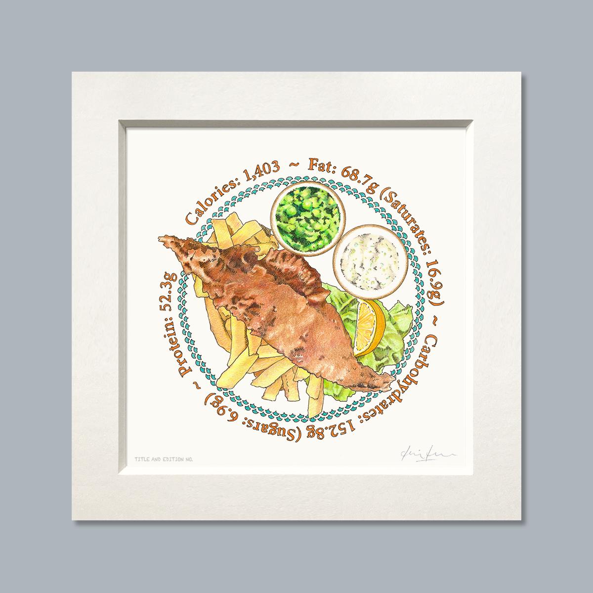 Limited edition print of a coloured drawing of a plate of fish and chips, in a white mount.