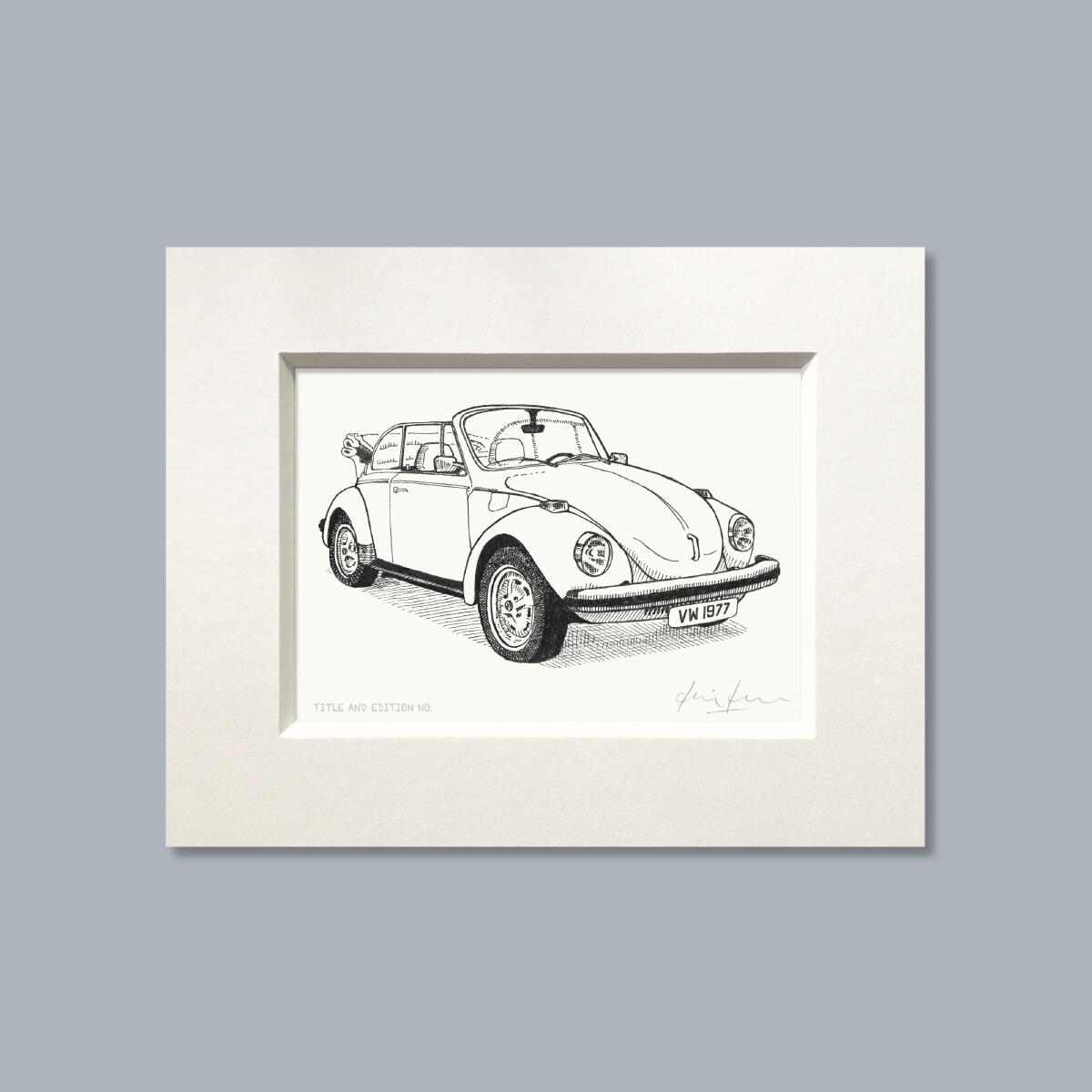 Limited edition print from pen and ink drawing of a 1977 soft-top VW Beetle in white mount