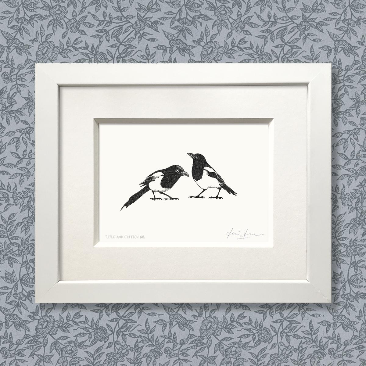 Limited edition print from pen and ink drawing of two magpies in white frame