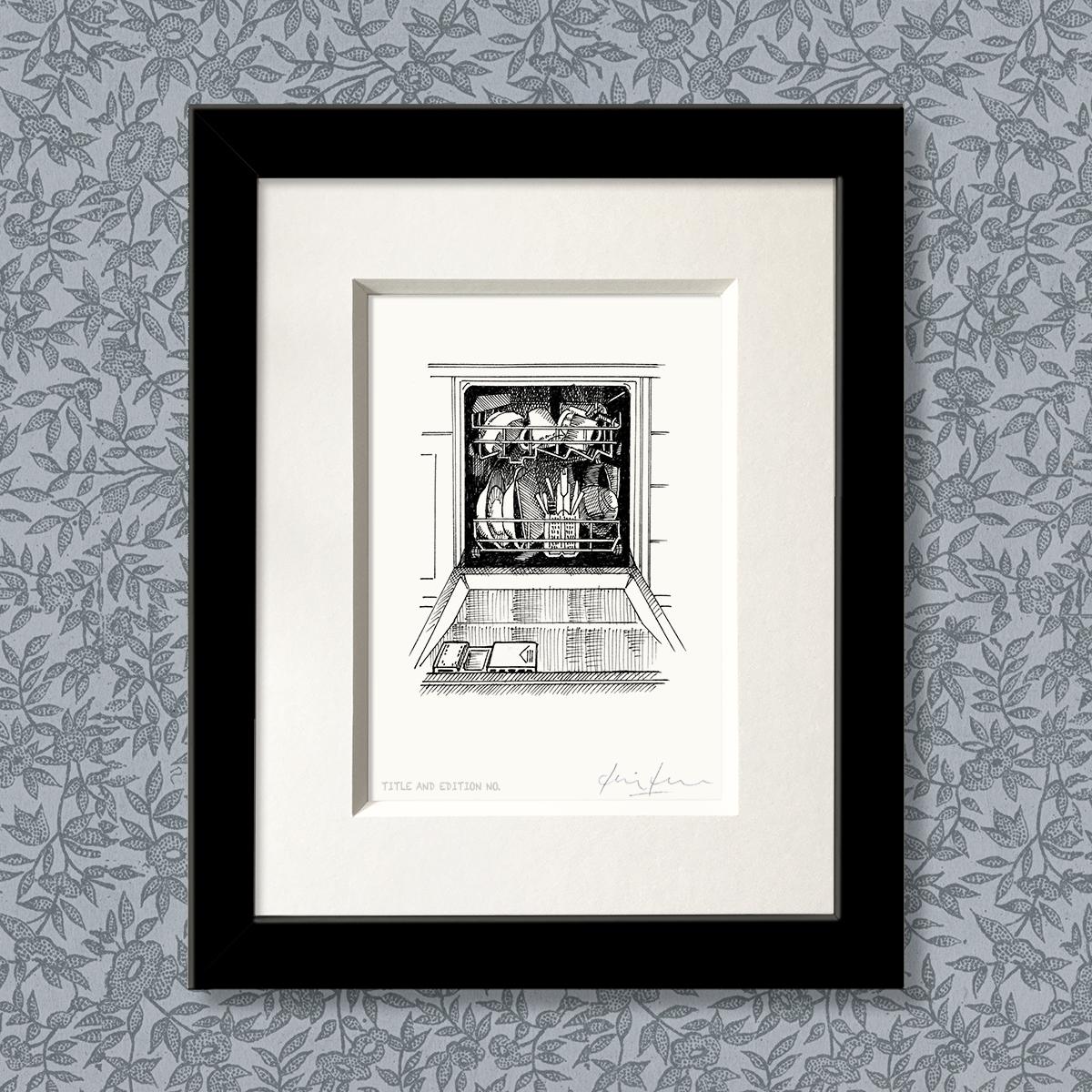 Limited edition print from pen and ink drawing of the inside of a dishwasher in a black frame
