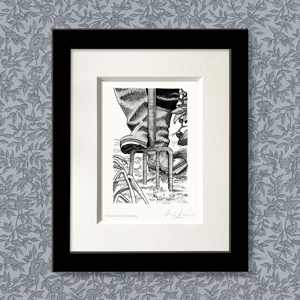 Limited edition print from pen and ink drawing of someone digging in a black frame