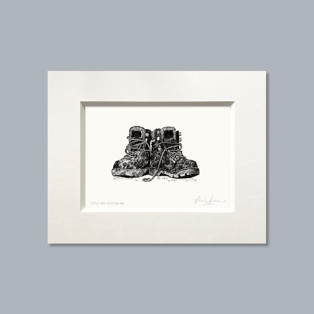 Limited edition print from pen and ink drawing of a pair of muddy walking boots in a white mount
