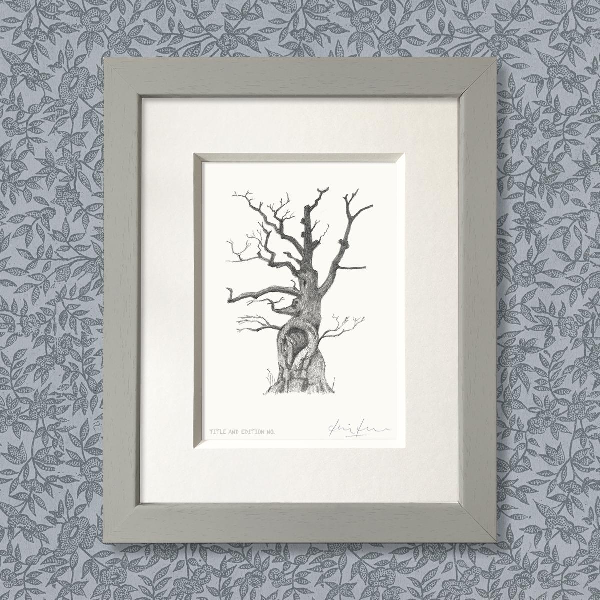 Limited edition print from pencil sketch of a tree in a grey frame