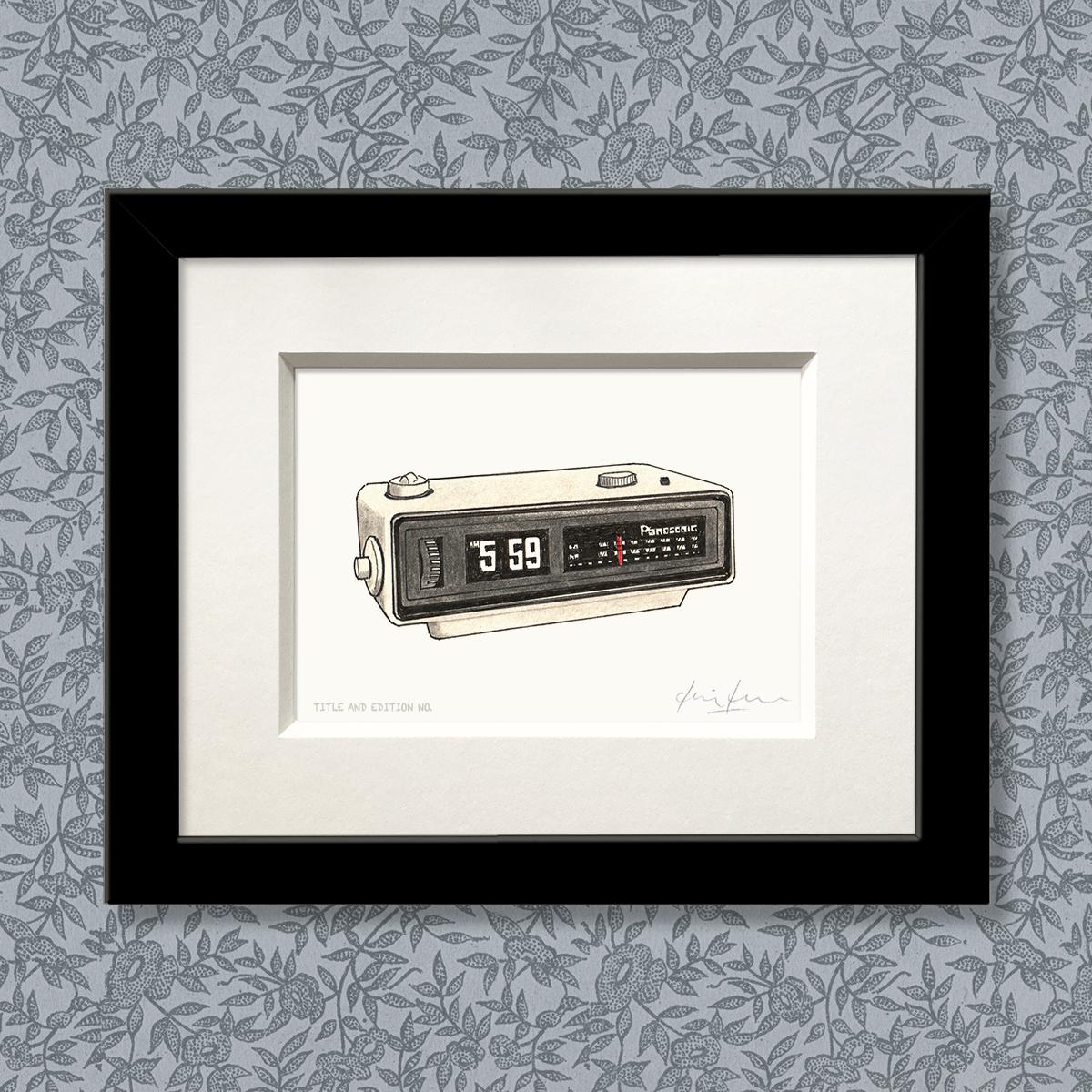 Limited edition print from a pen, ink and coloured pencil drawing of the alarm radio from the film Groundhog Day in a black frame