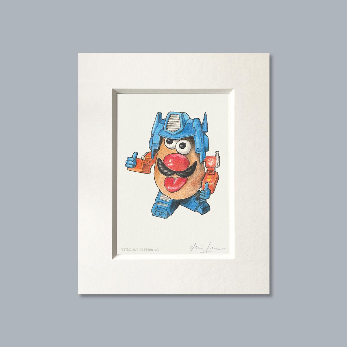 Limited edition print from a pen, ink and coloured pencil drawing of the Mr Potatohead toy dressed as Optimus Prime in a white mount