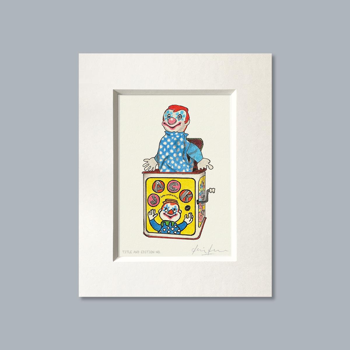 Limited edition print from a pen, ink and coloured pencil drawing of a Jack in the Box in a white mount