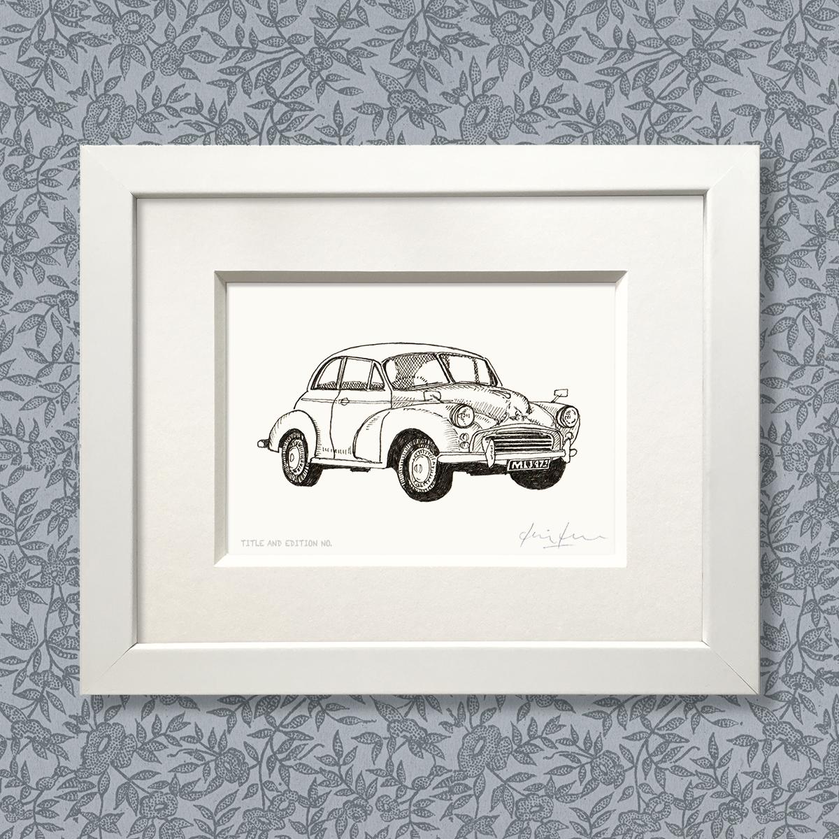 Limited edition print from pen and ink drawing of a Morris Minor in a white frame