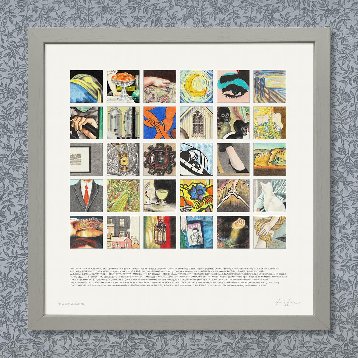 Limited edition print, a montage of drawn snippets from famous paintings, in a grey frame.
