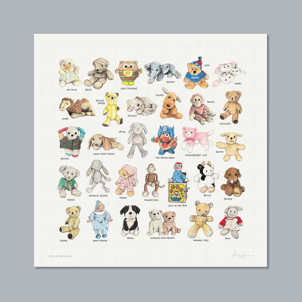 Limited edition montage print of sketches in pen, ink and coloured pencil of much loved toys, unframed.