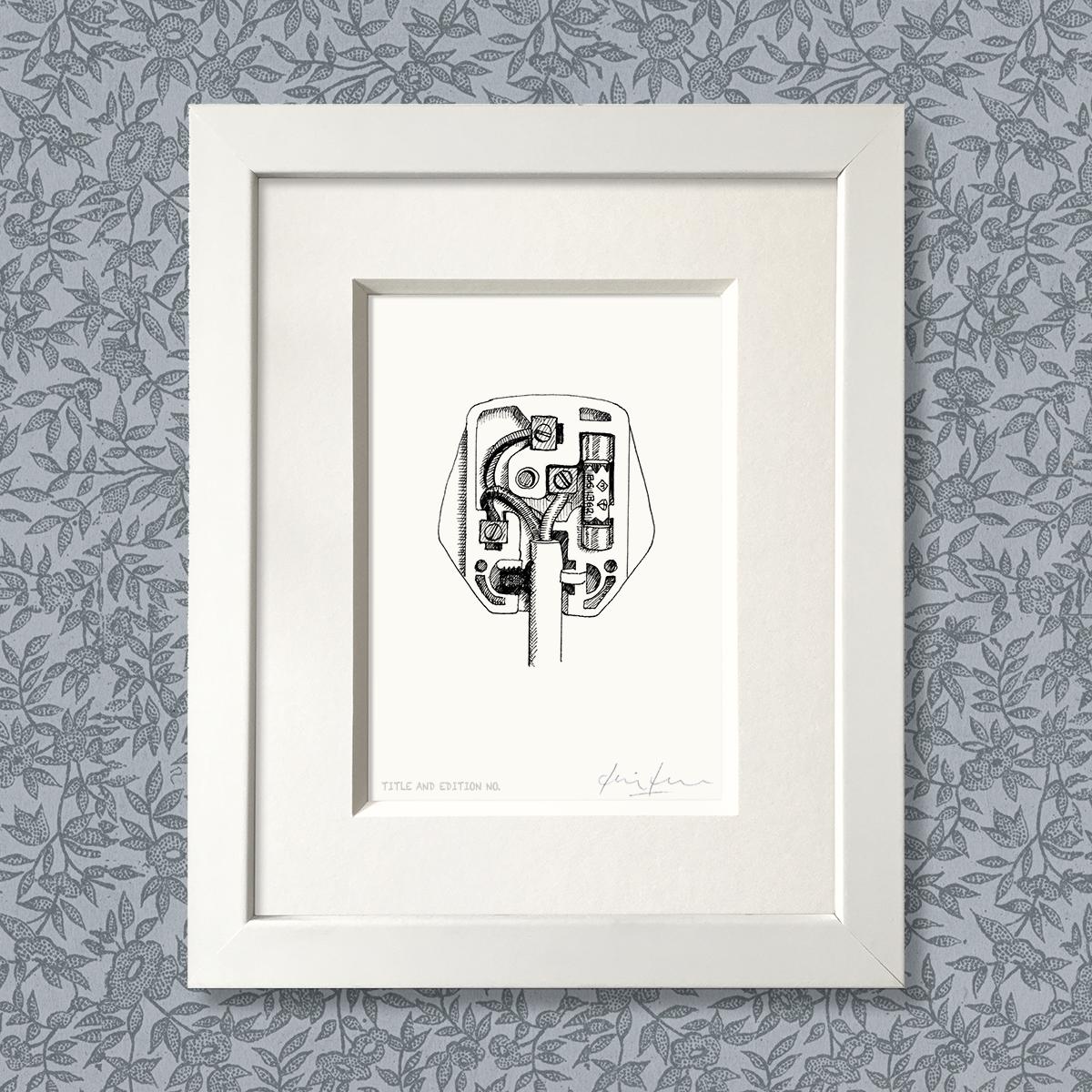 Limited edition print from pen and ink drawing of a 13 amp plug in a white frame