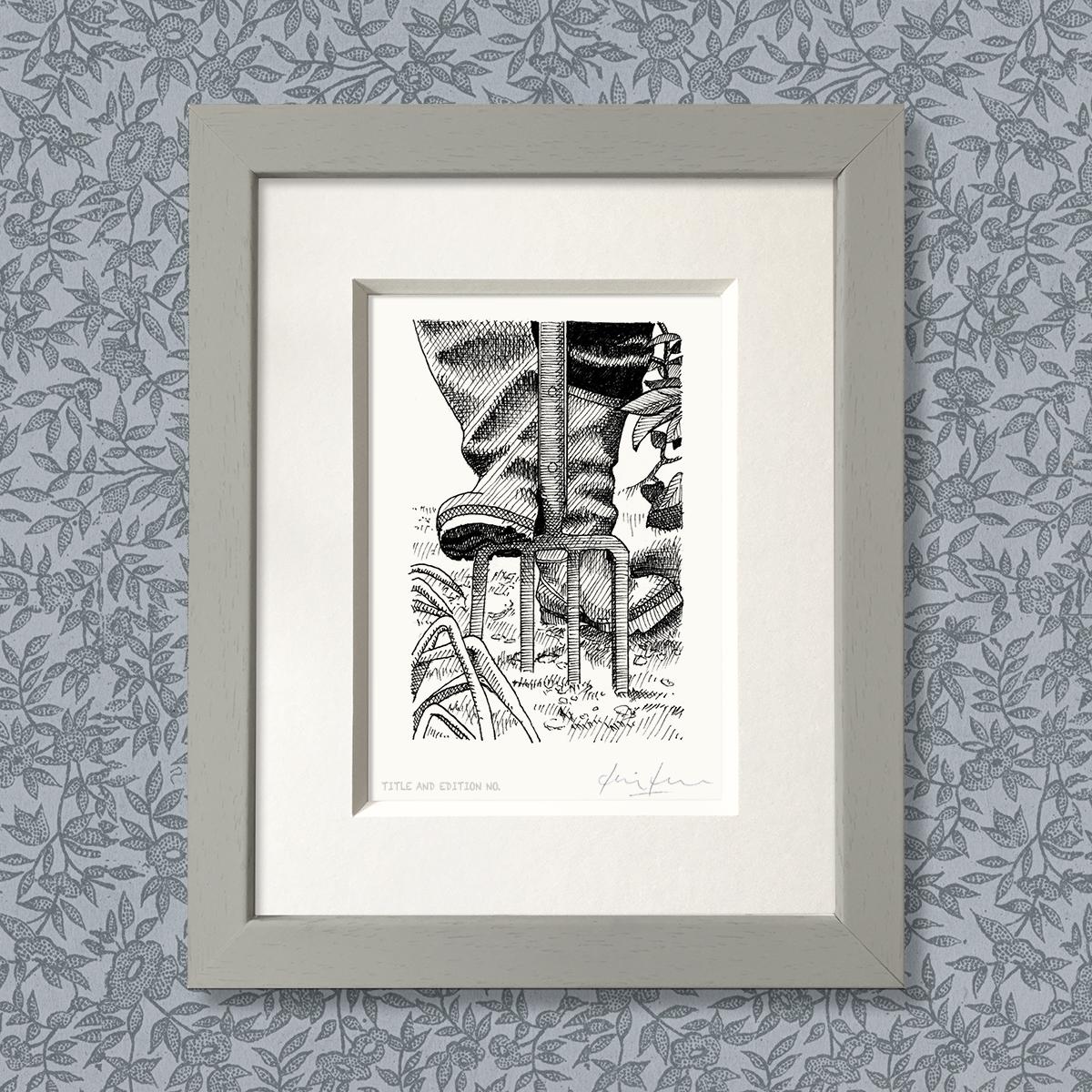 Limited edition print from pen and ink drawing of someone digging in a grey frame