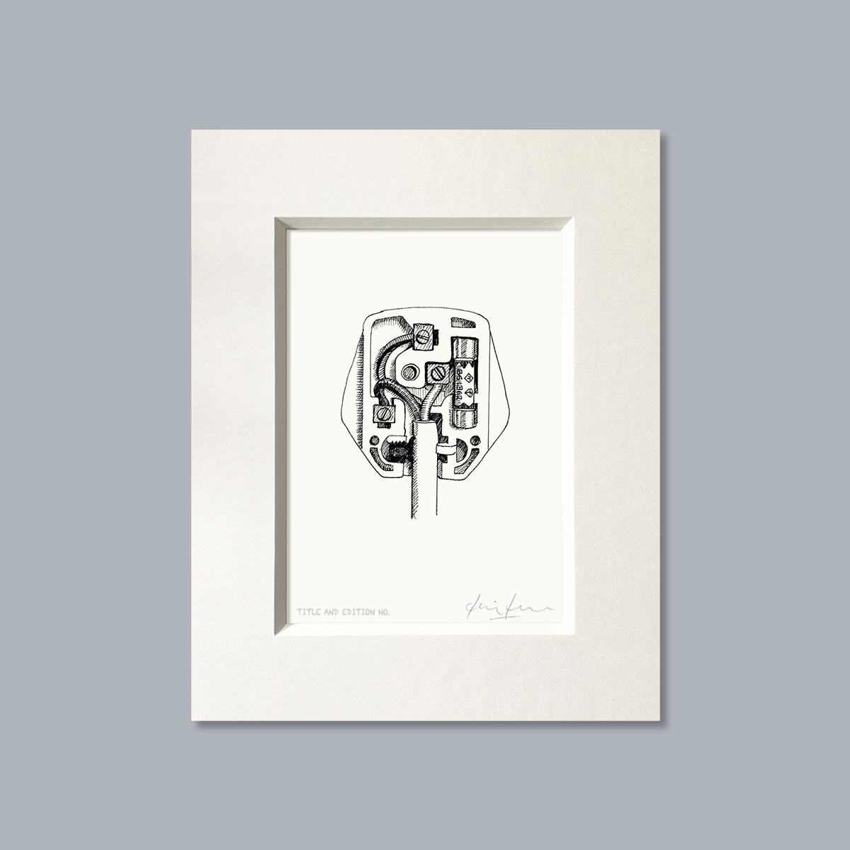Limited edition print from pen and ink drawing of a 13 amp plug in a white mount