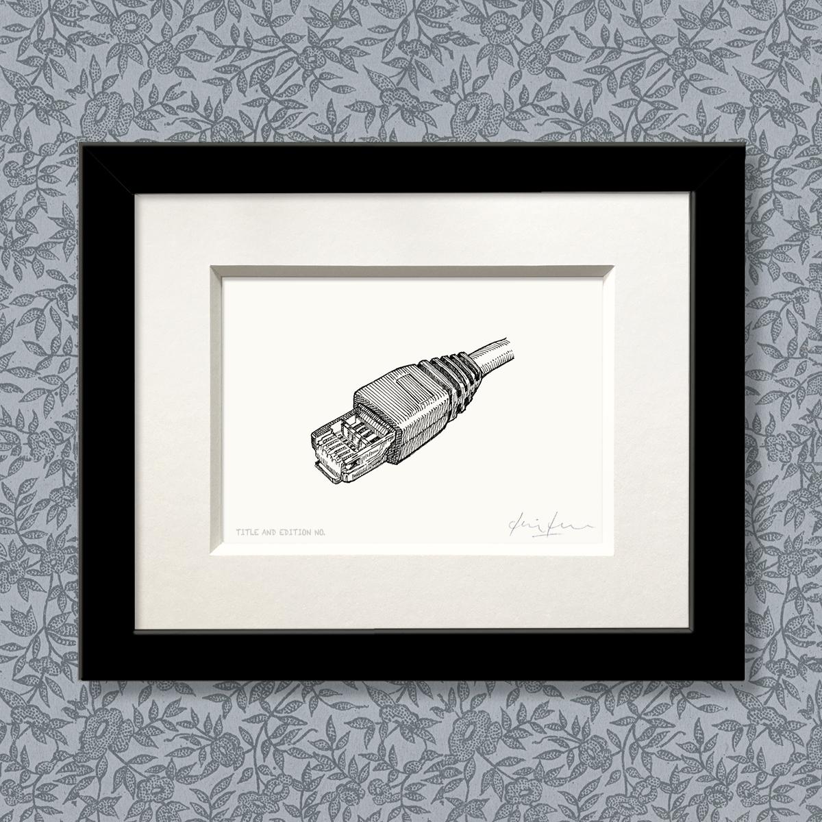 Limited edition print from pen and ink drawing of an ethernet connector in a black frame