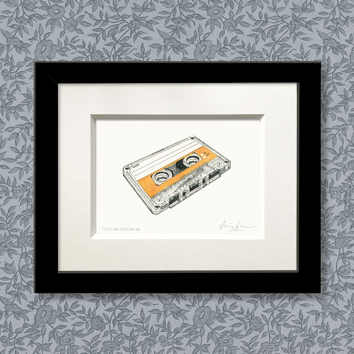 Limited edition print from pen, ink and watercolour sketch of a cassette tape in a black frame