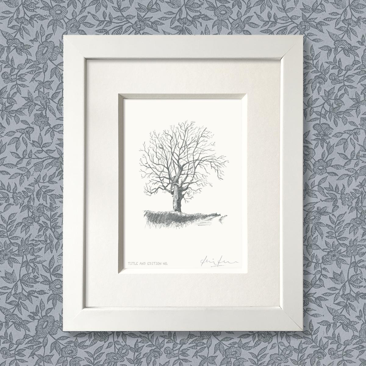 Limited edition print from pencil sketch of a tree in a white frame
