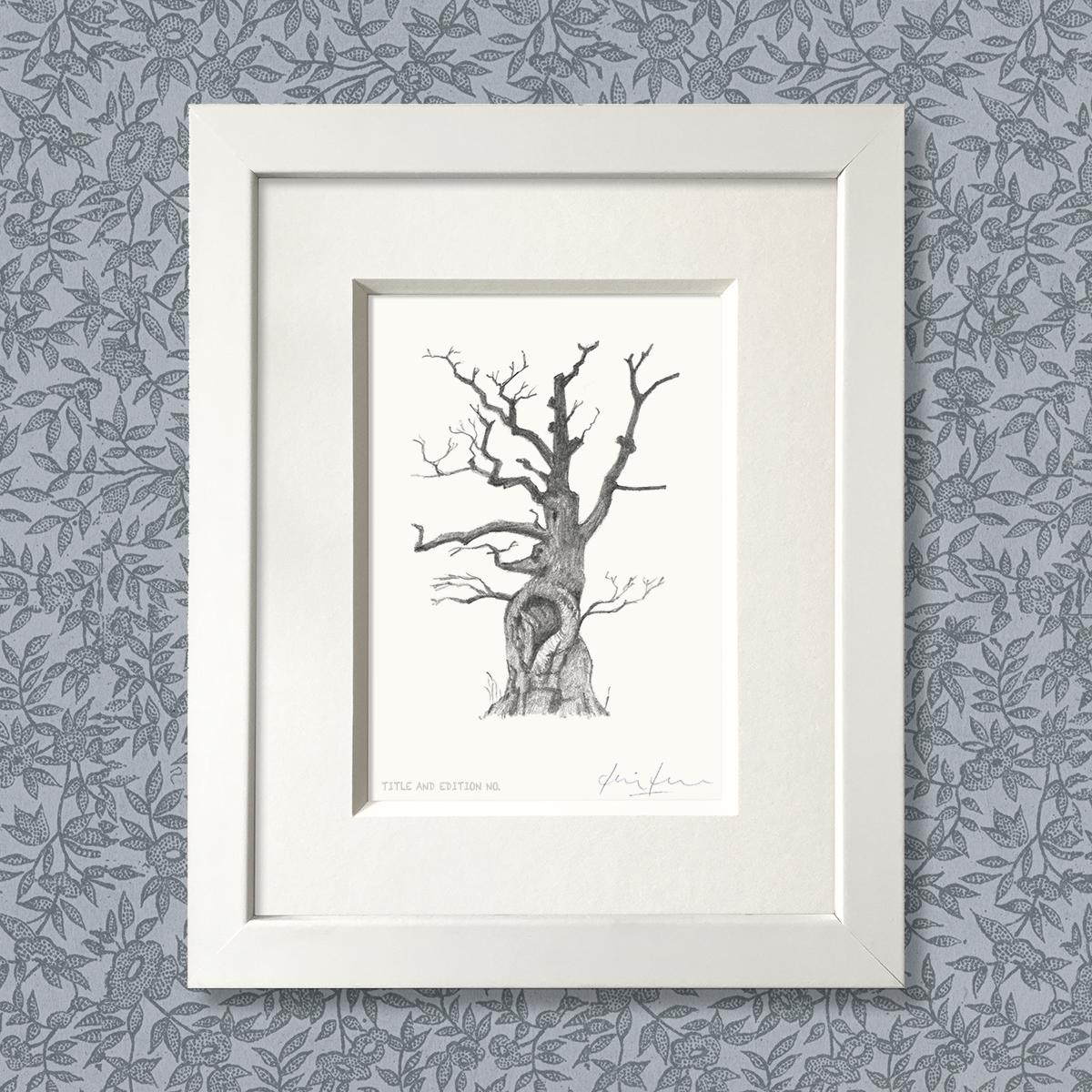 Limited edition print from pencil sketch of a tree in a white frame