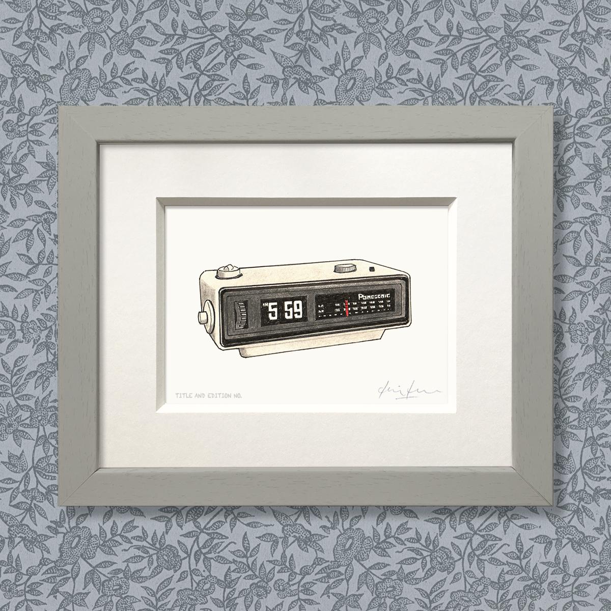 Limited edition print from a pen, ink and coloured pencil drawing of the alarm radio from the film Groundhog Day in a grey frame