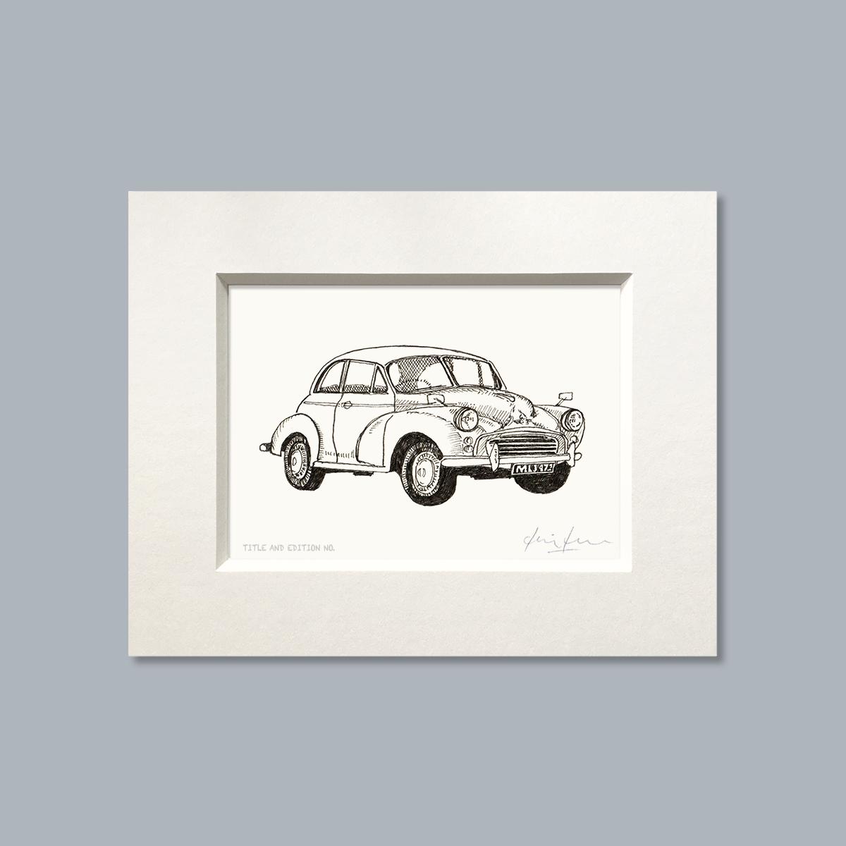 Limited edition print from pen and ink drawing of a Morris Minor in a white mount