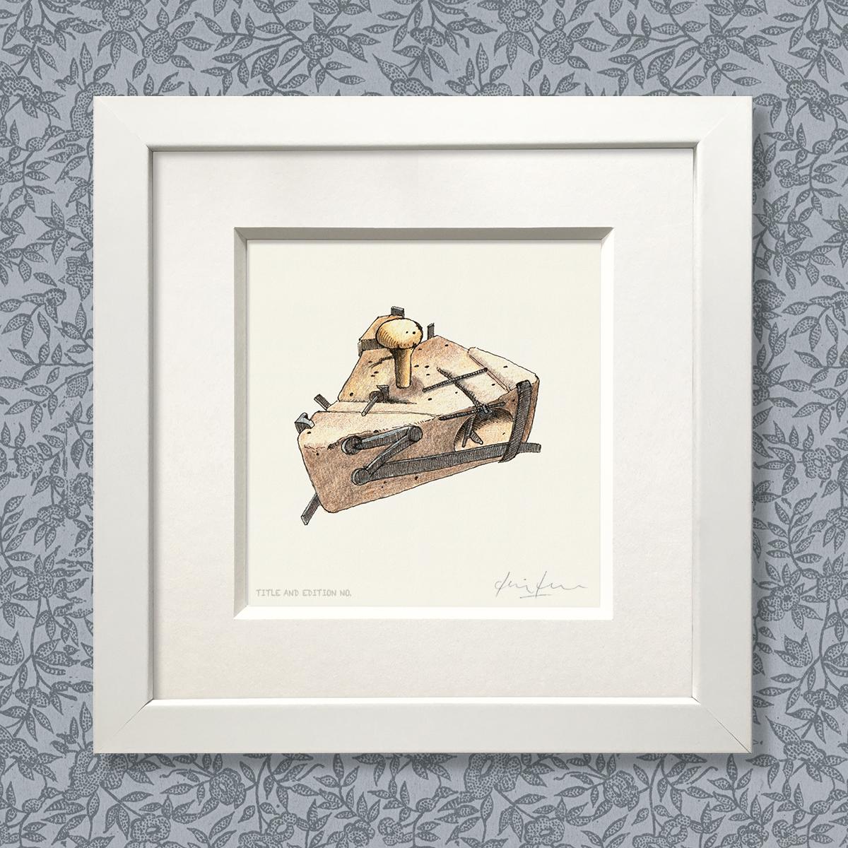 Limited edition print from pen & ink and coloured pencil drawing of an old mousetrap in a white frame