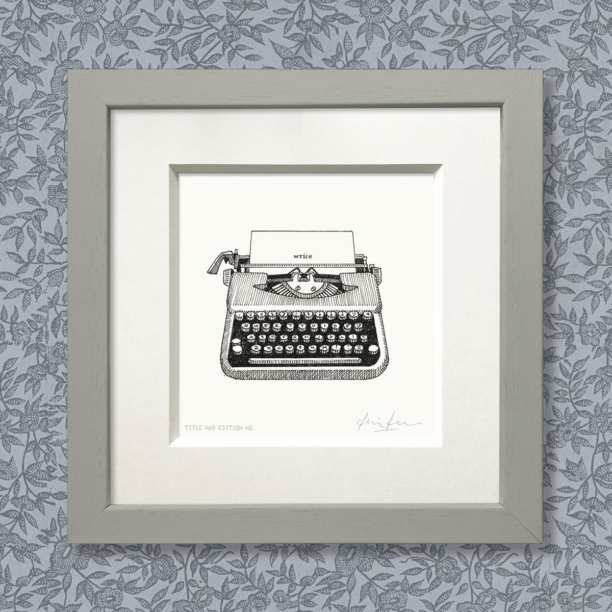 Limited edition print from pen and ink drawing of an old typewriter with the word 'write' in a grey frame