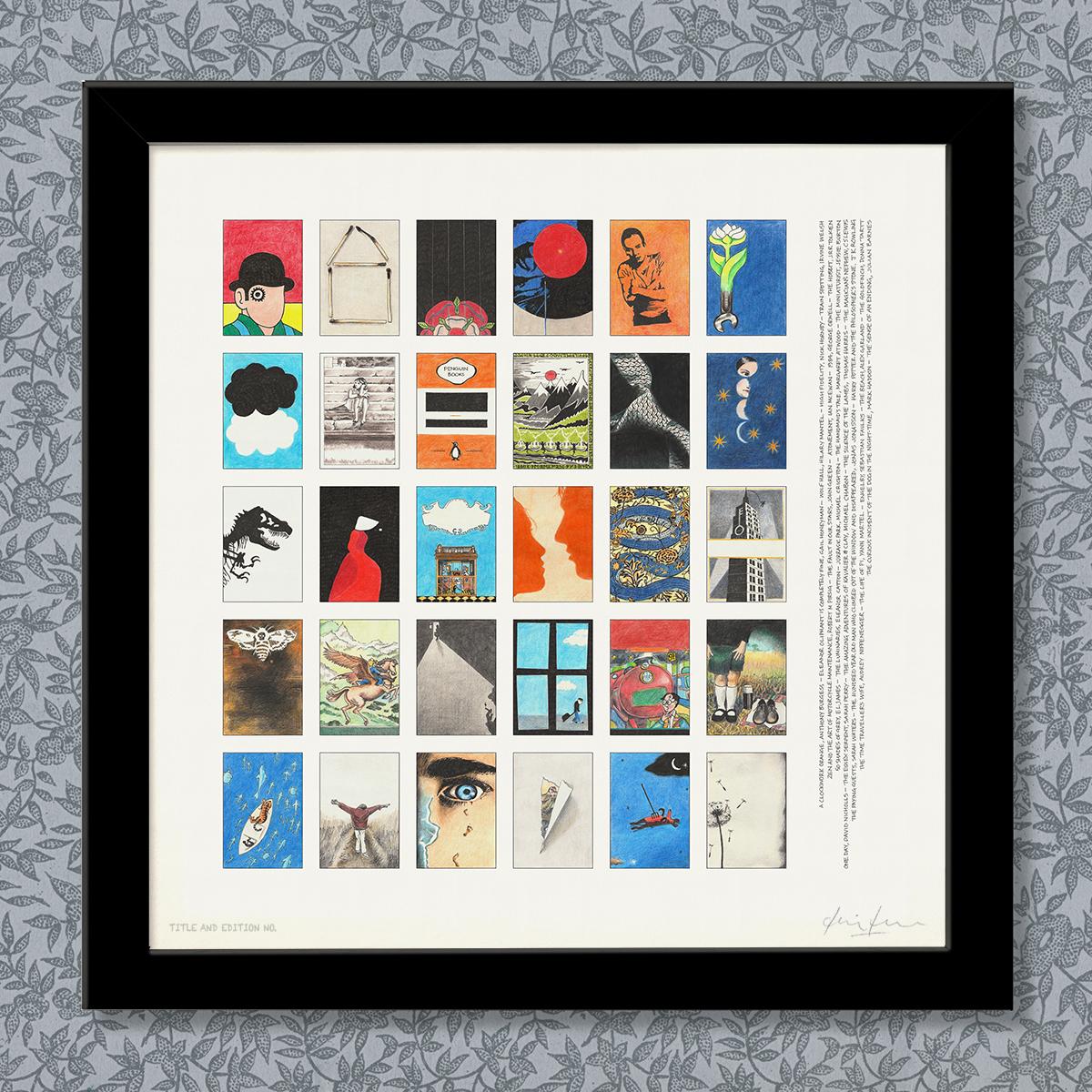 Limited edition montage print of book covers in a black frame.