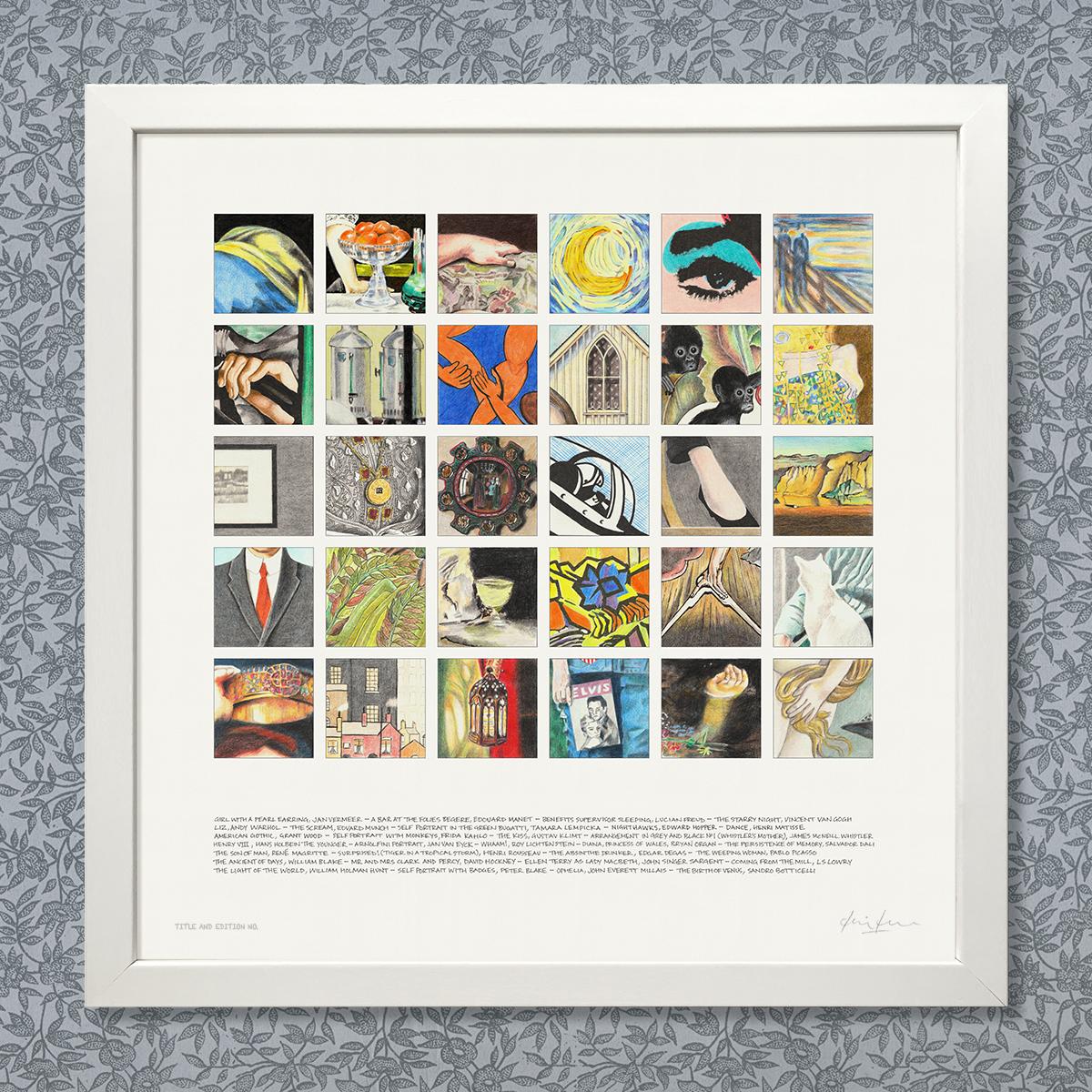 Limited edition print, a montage of drawn snippets from famous paintings, in a white frame.