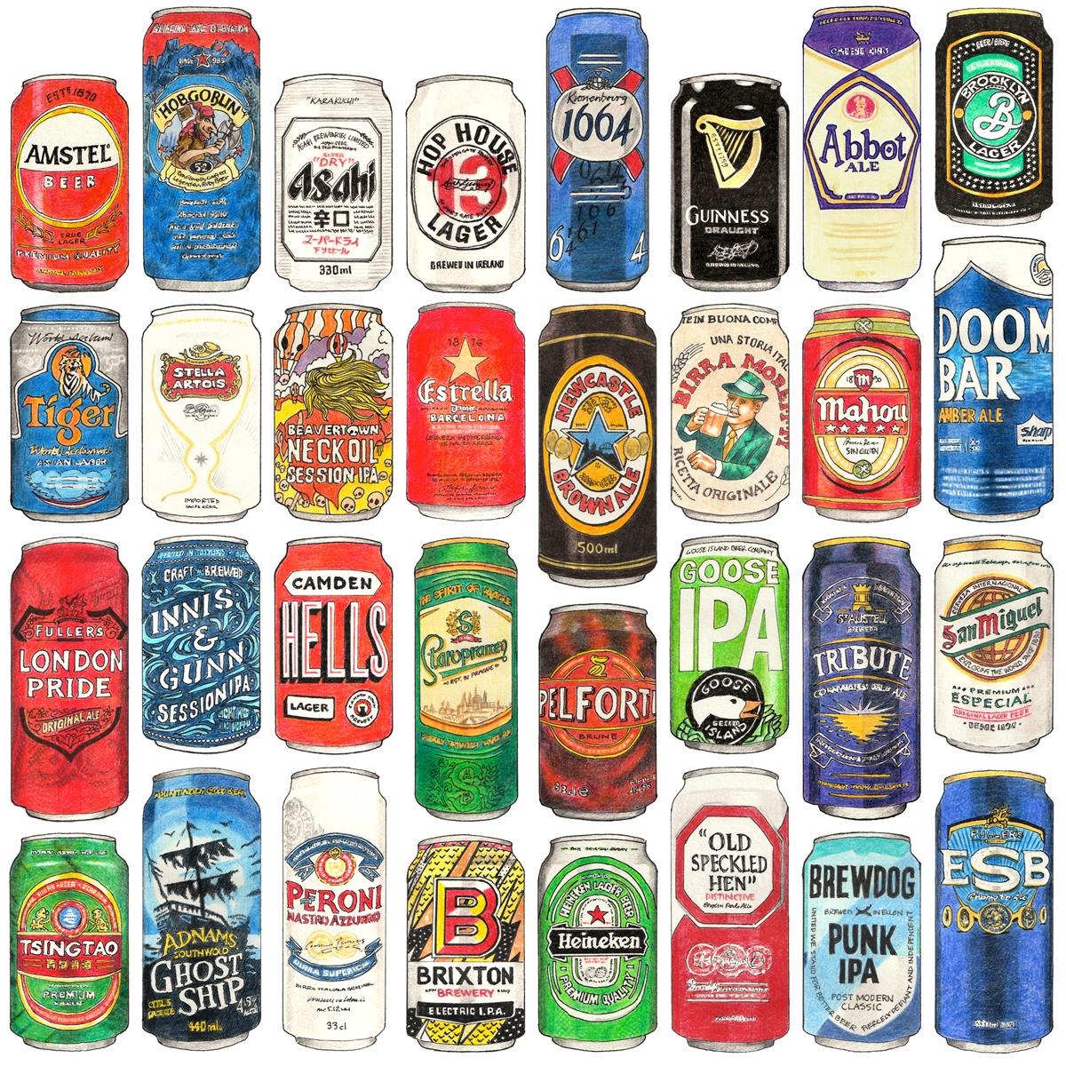 Limited edition print of a selection of pen, ink and coloured pencil sketches of beer cans.