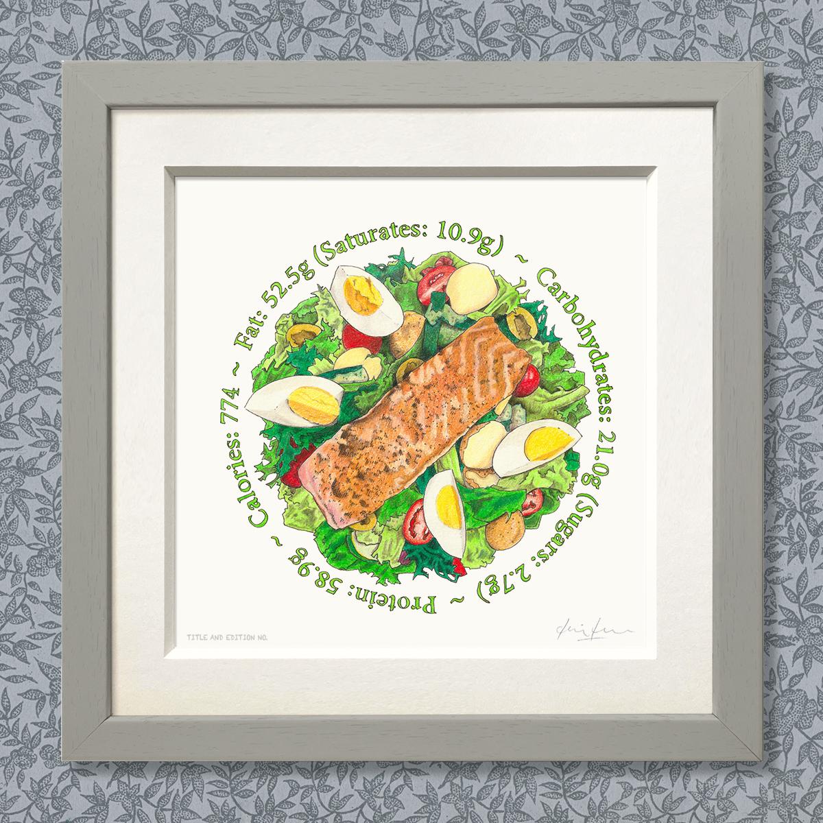 Limited edition print of coloured drawing of a plate of salmon salad, in a grey frame.