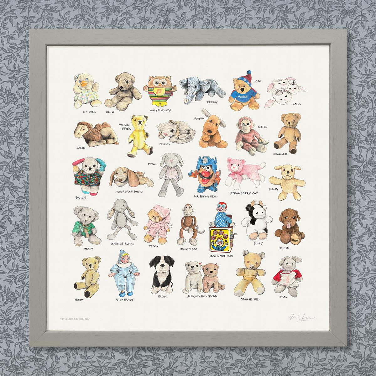 Limited edition montage print of sketches in pen, ink and coloured pencil of much loved toys, in a grey frame.