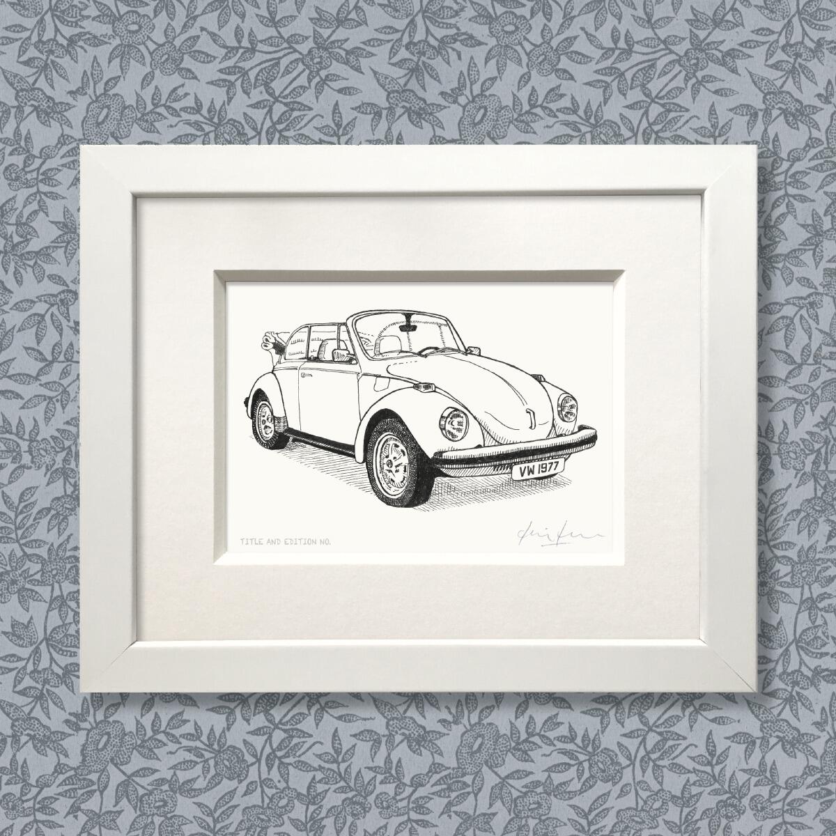 Limited edition print from pen and ink drawing of a 1977 soft-top VW Beetle in white frame