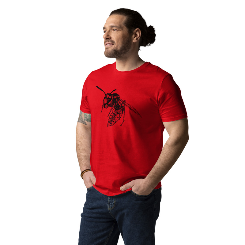 Wasp drawing in black on red t-shirt