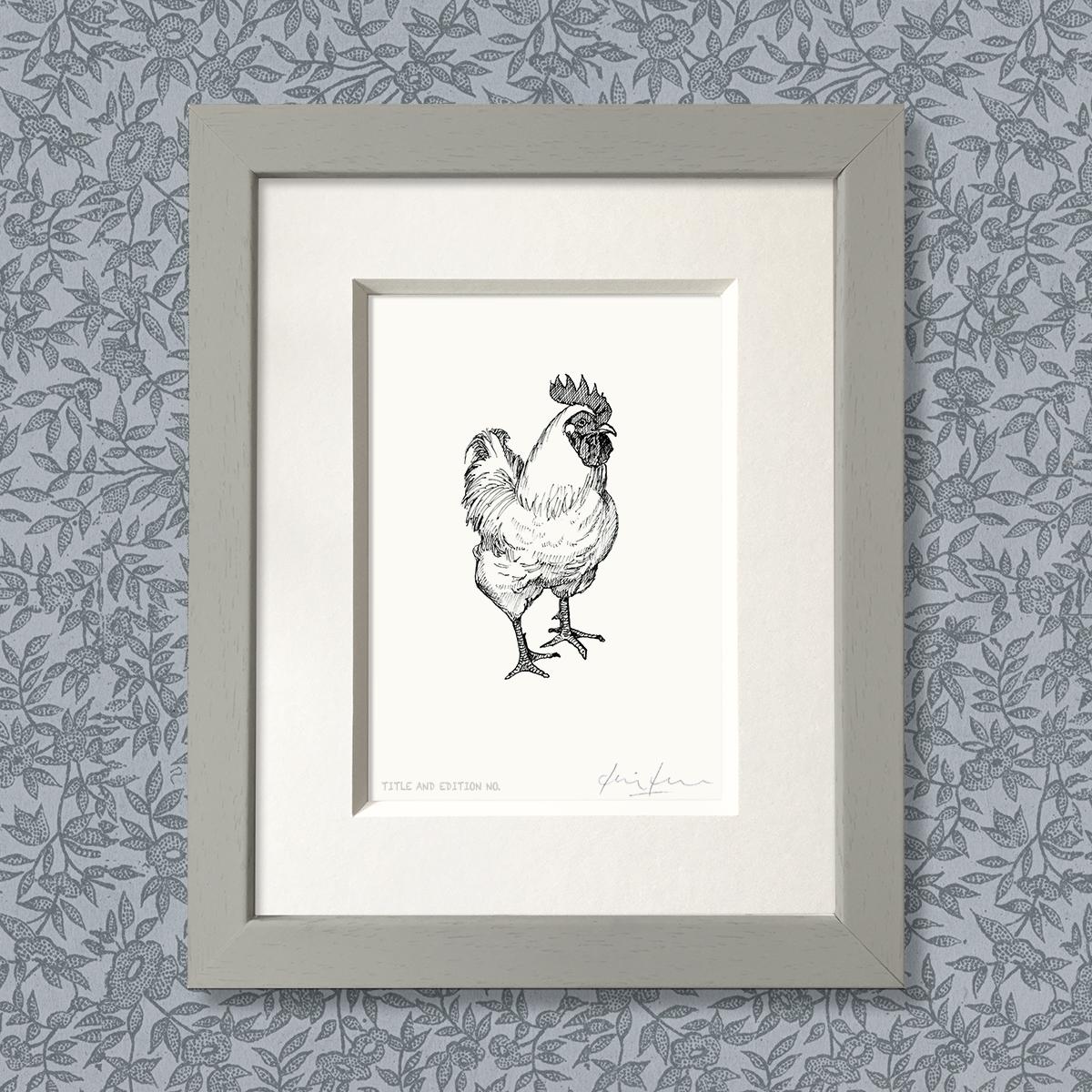 Limited edition print from pen and ink drawing of cockerel in grey frame