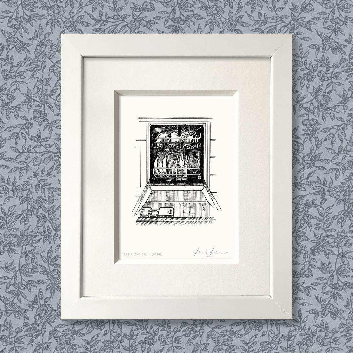 Limited edition print from pen and ink drawing of the inside of a dishwasher in a white frame