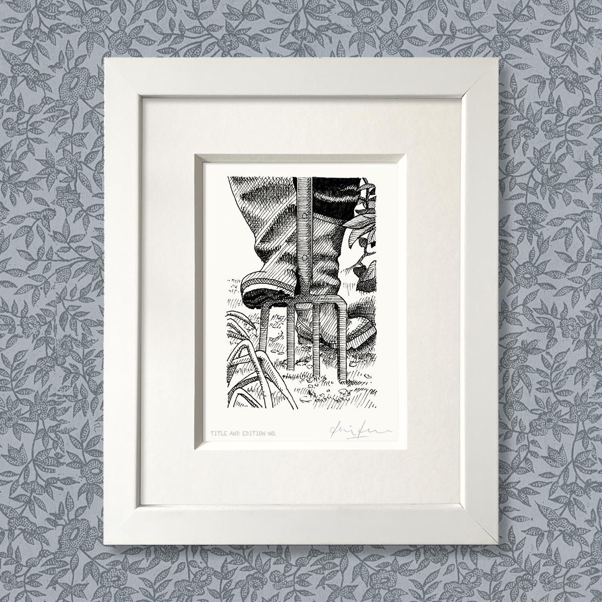 Limited edition print from pen and ink drawing of someone digging in a white frame