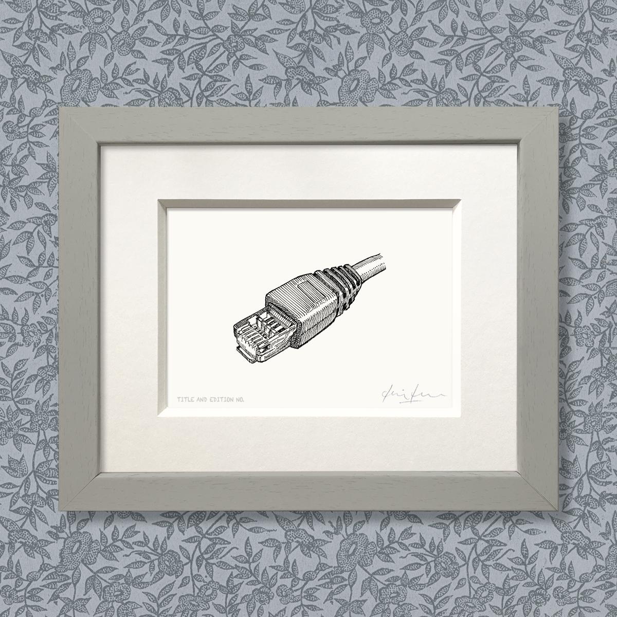 Limited edition print from pen and ink drawing of an ethernet connector in a grey frame