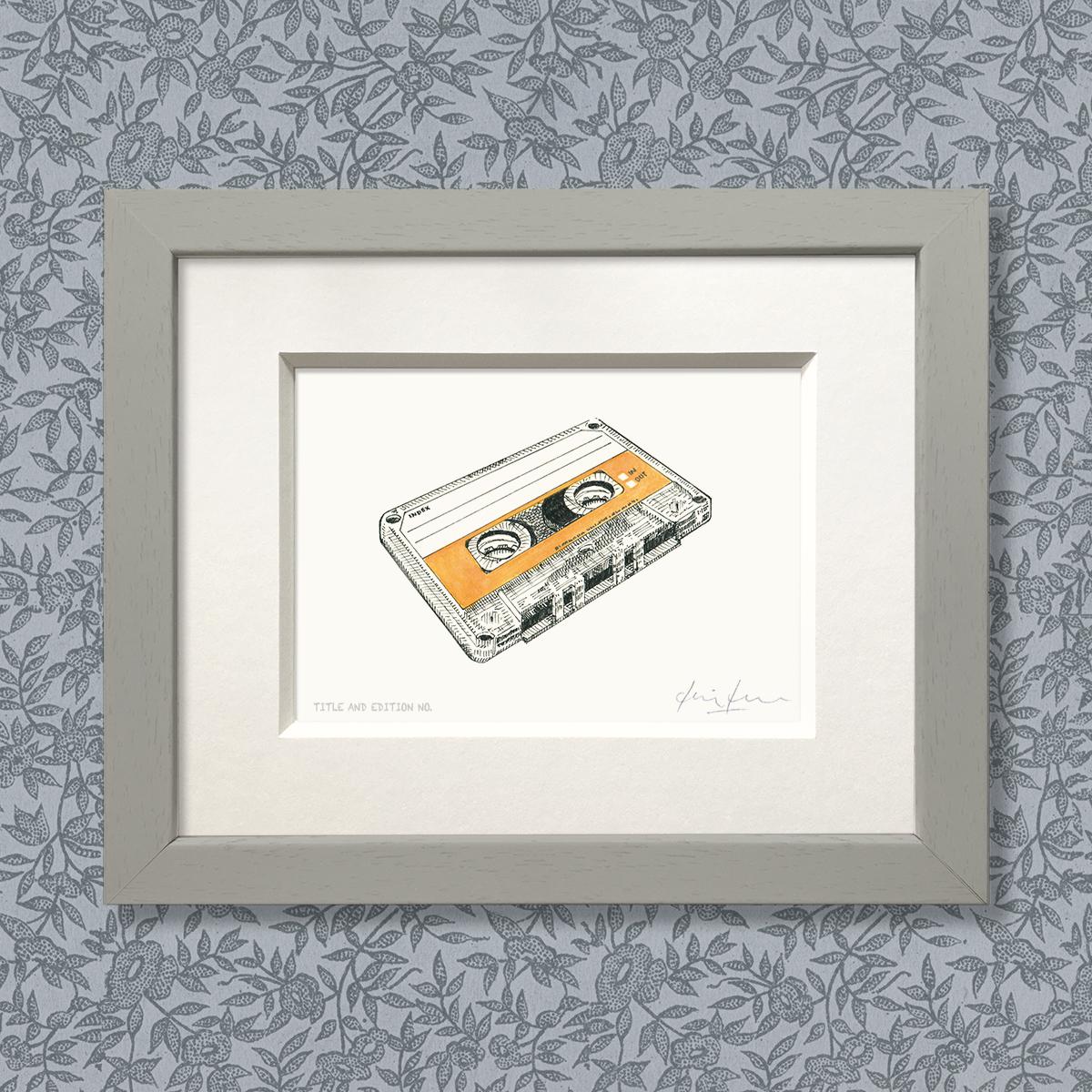 Limited edition print from pen, ink and watercolour sketch of a cassette tape in a grey frame