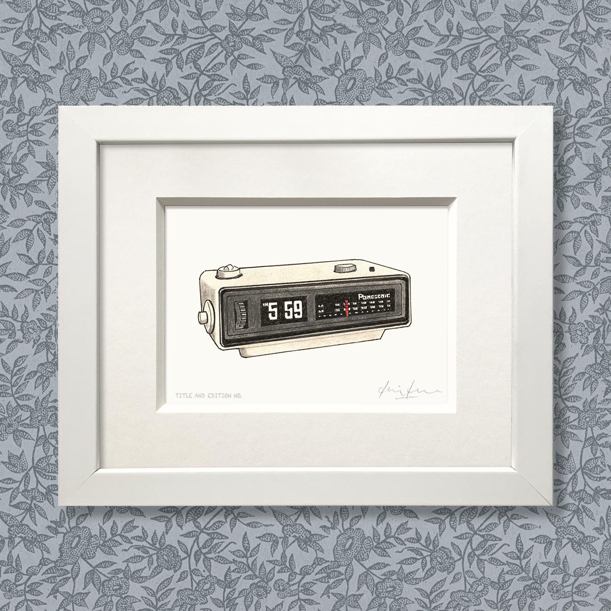 Limited edition print from a pen, ink and coloured pencil drawing of the alarm radio from the film Groundhog Day in a white frame