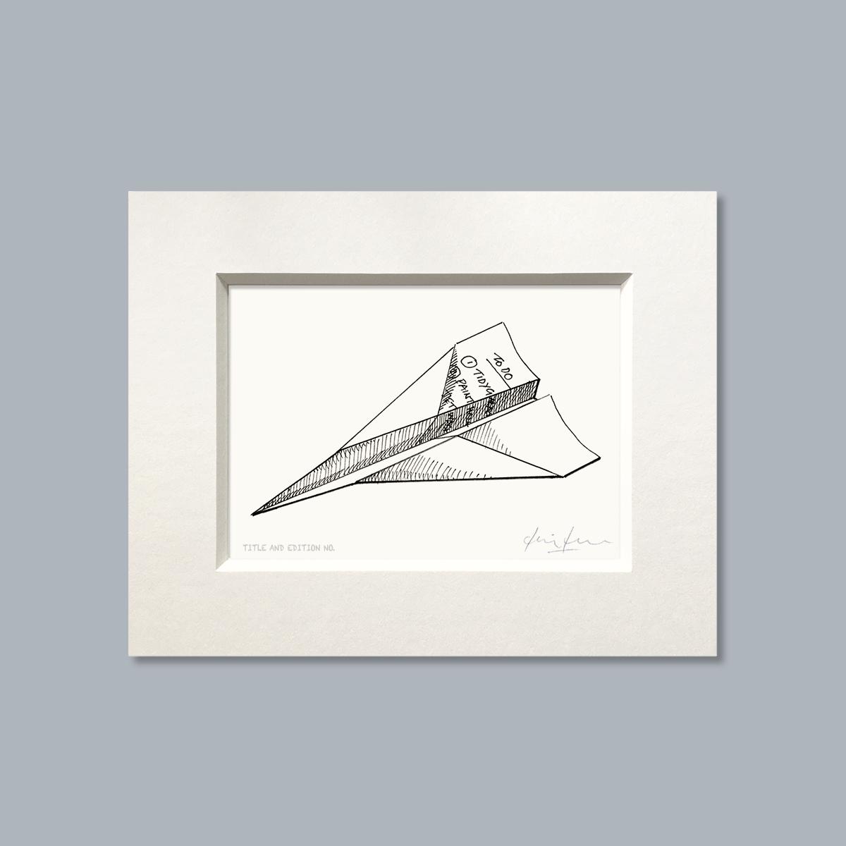 Limited edition print from a pen and ink drawing of a to-do list folded into a paper aeroplane in a white mount