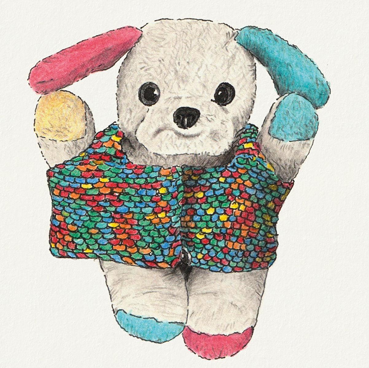 Limited edition print from a pen, ink and coloured pencil drawing of a soft toy in a knitted sweater