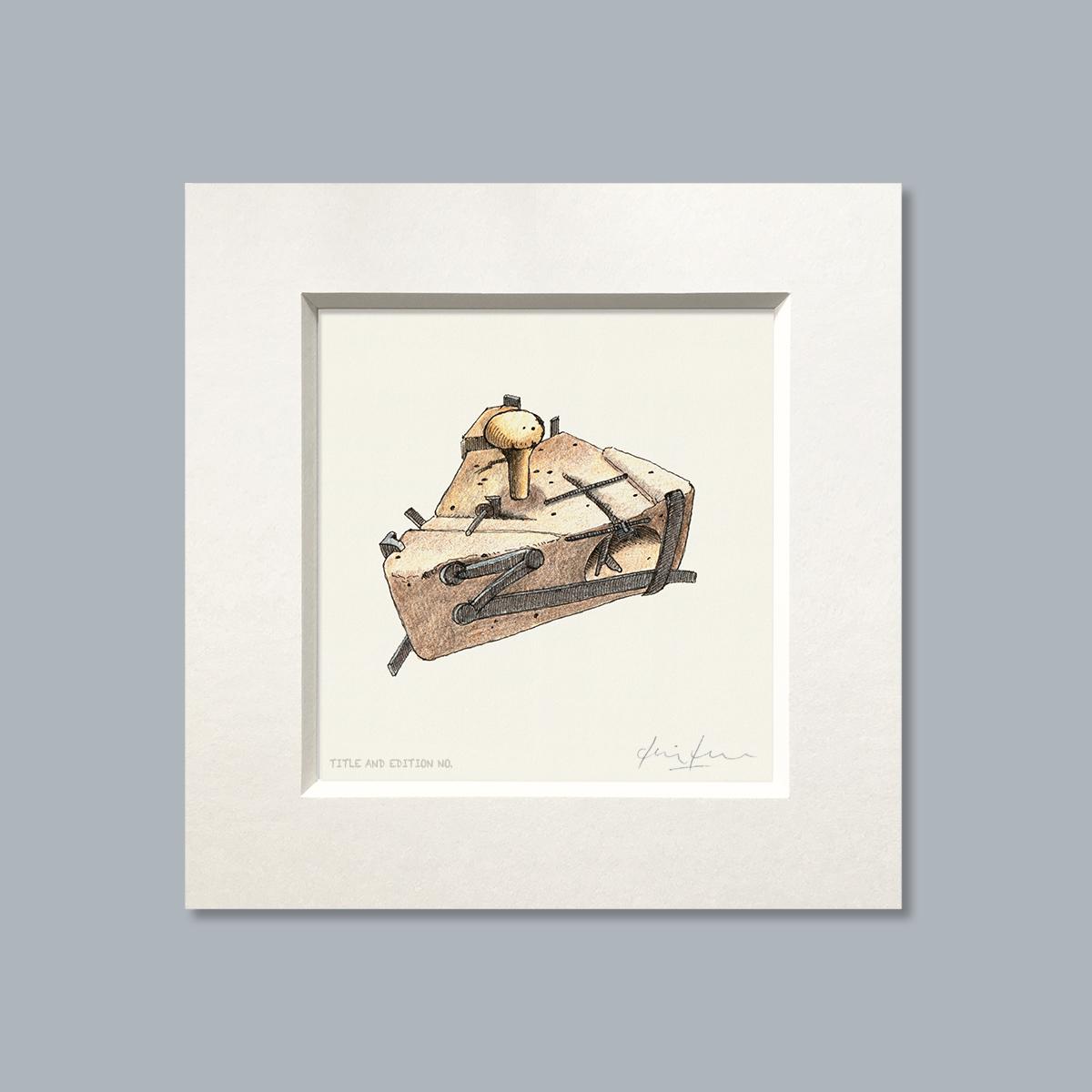 Limited edition print from pen & ink and coloured pencil drawing of an old mousetrap in a white mount