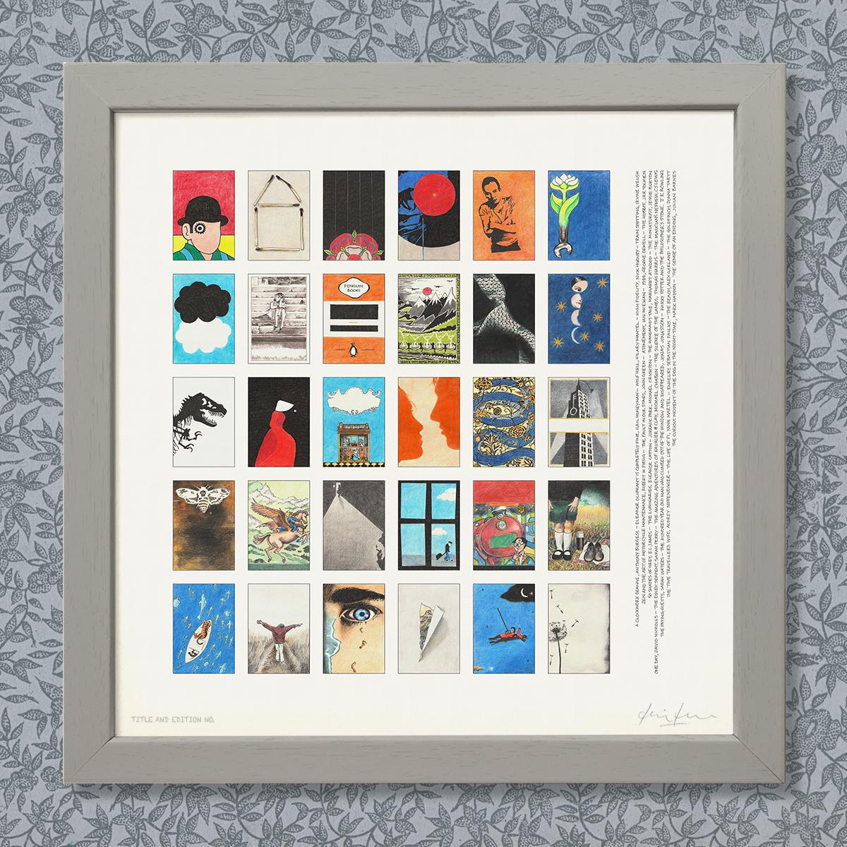Limited edition montage print of book covers in a grey frame.
