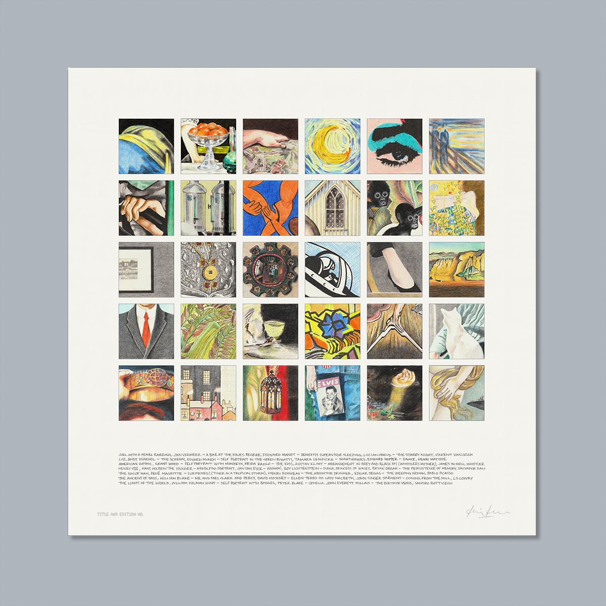 Limited edition print, a montage of drawn snippets from famous paintings, unframed.