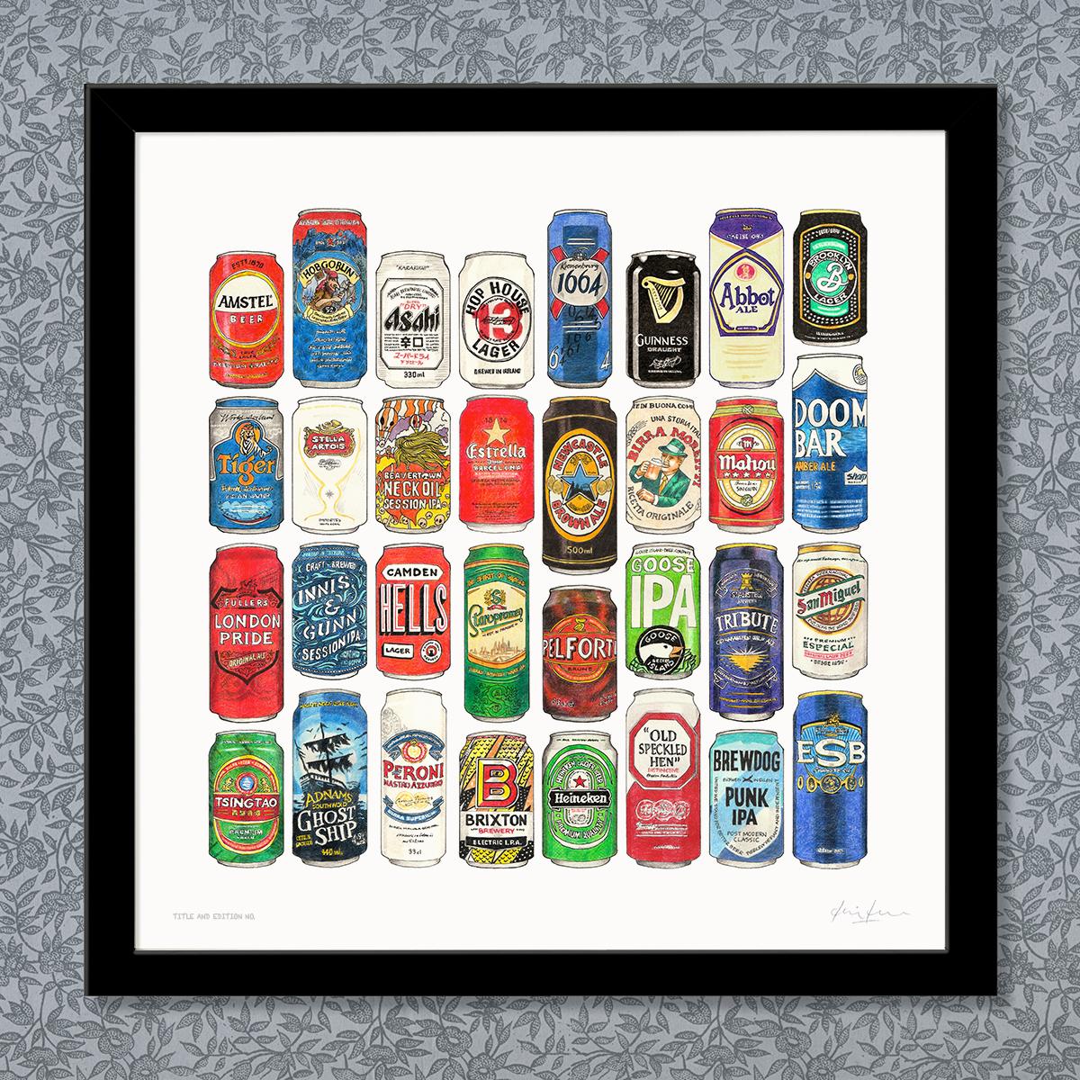 Limited edition print of a selection of pen, ink and coloured pencil sketches of beer cans, in a black frame.