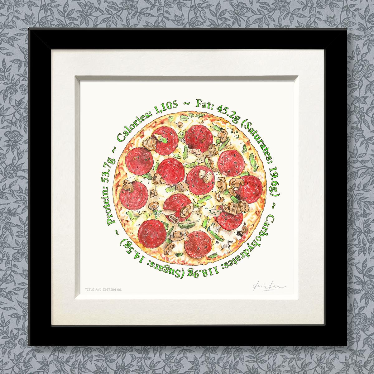 Limited edition print of coloured drawing of pizza, in a black frame.
