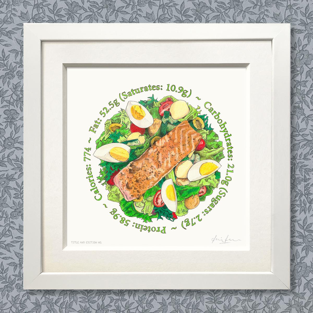 Limited edition print of coloured drawing of a plate of salmon salad, in a white frame.