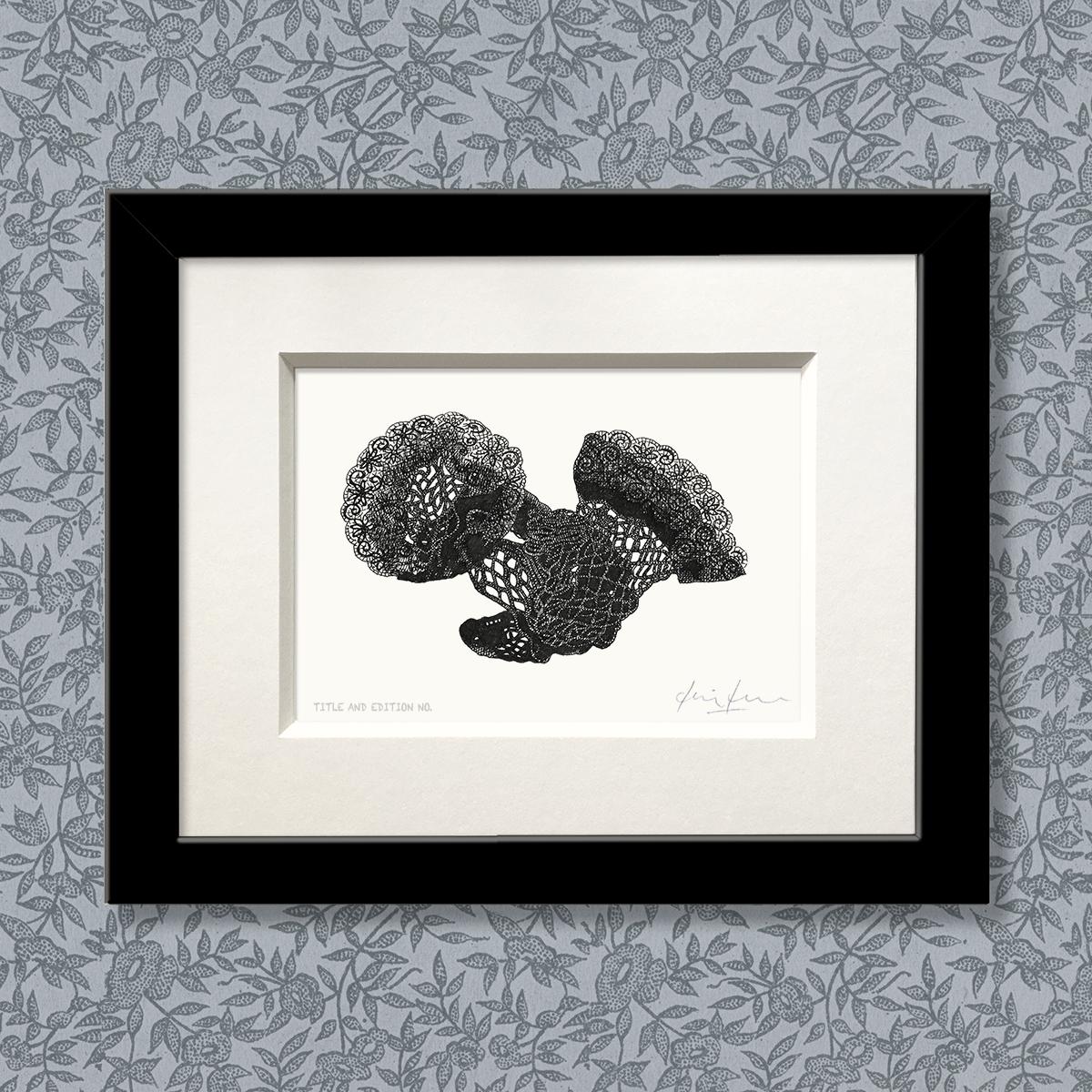 Limited edition print from pen and ink drawing of a pair of discarded fishnet stockings in a black frame