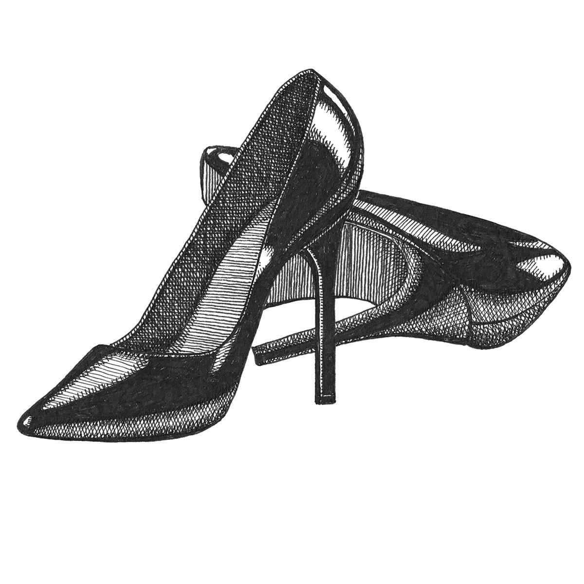Limited edition print from pen and ink drawing of a pair of stiletto heels